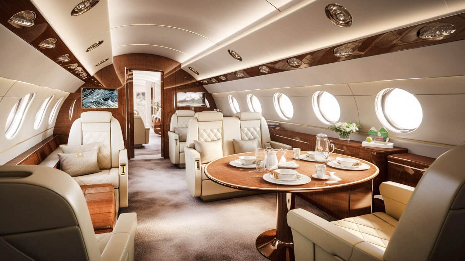 Private Jet Interior in Brown color scheme in a dining setup