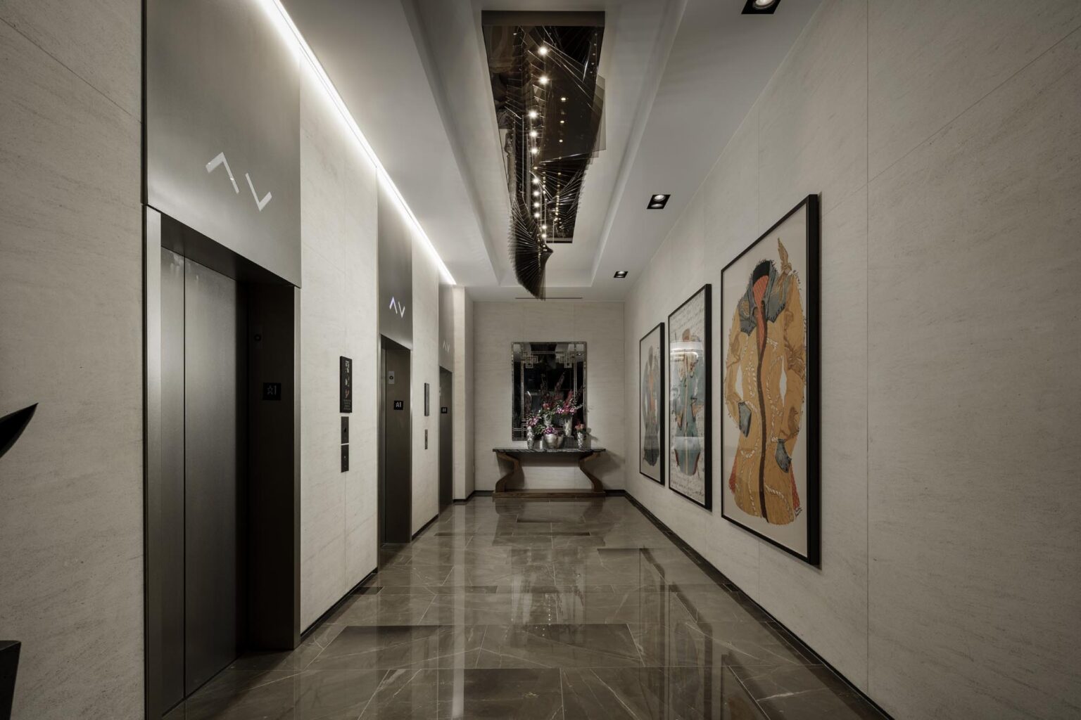 Modern Hotel Lobby and Elevator corridors with modern art works