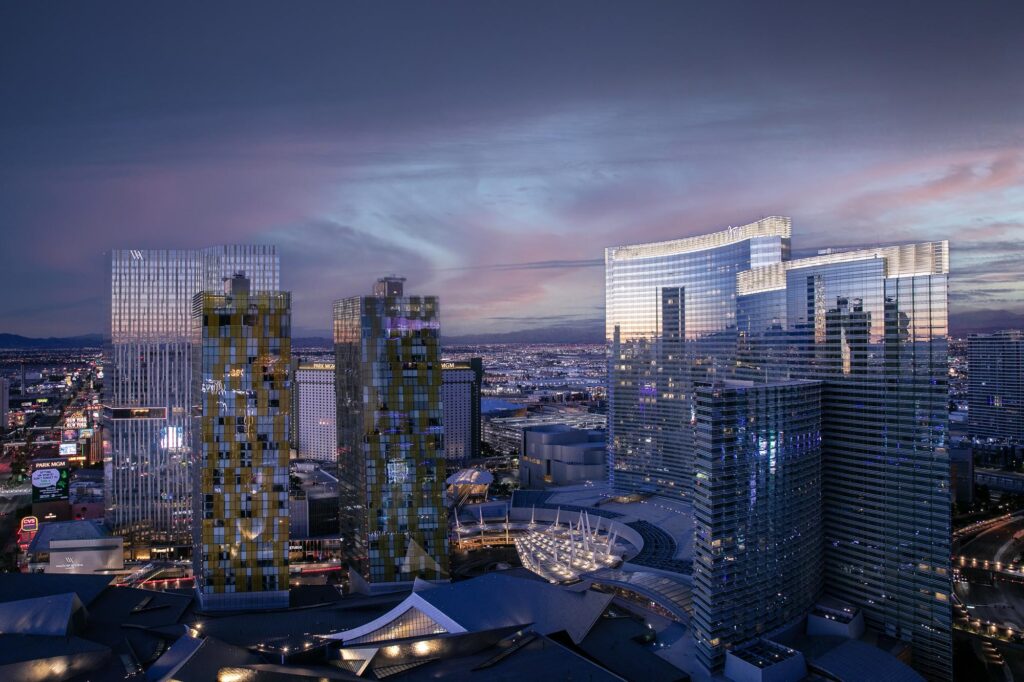 Las Vegas City Center and Aria Hotel and Resort Campus twilight shoot from high ventage point