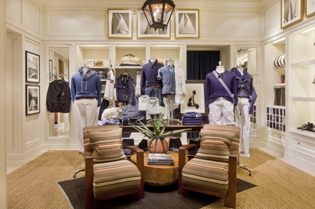 Ralph Lauren retail store entrance with white and blue apparel collection