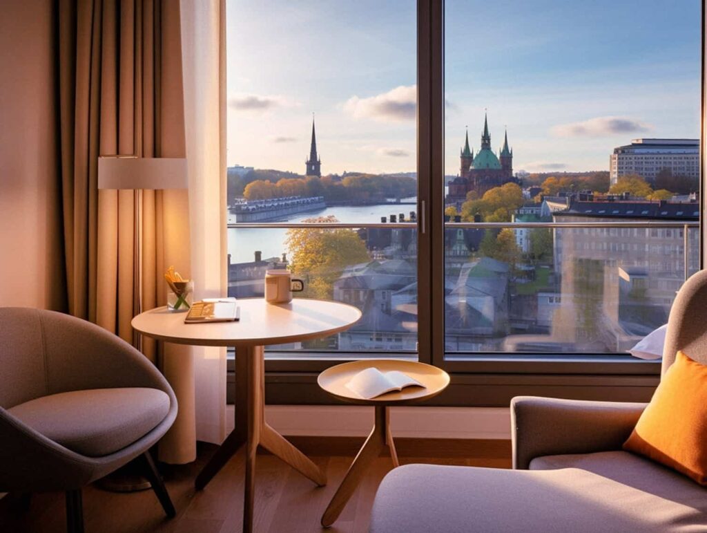 Stockholm Sweden Hotel room interior with beige color scheme and Stockholm views