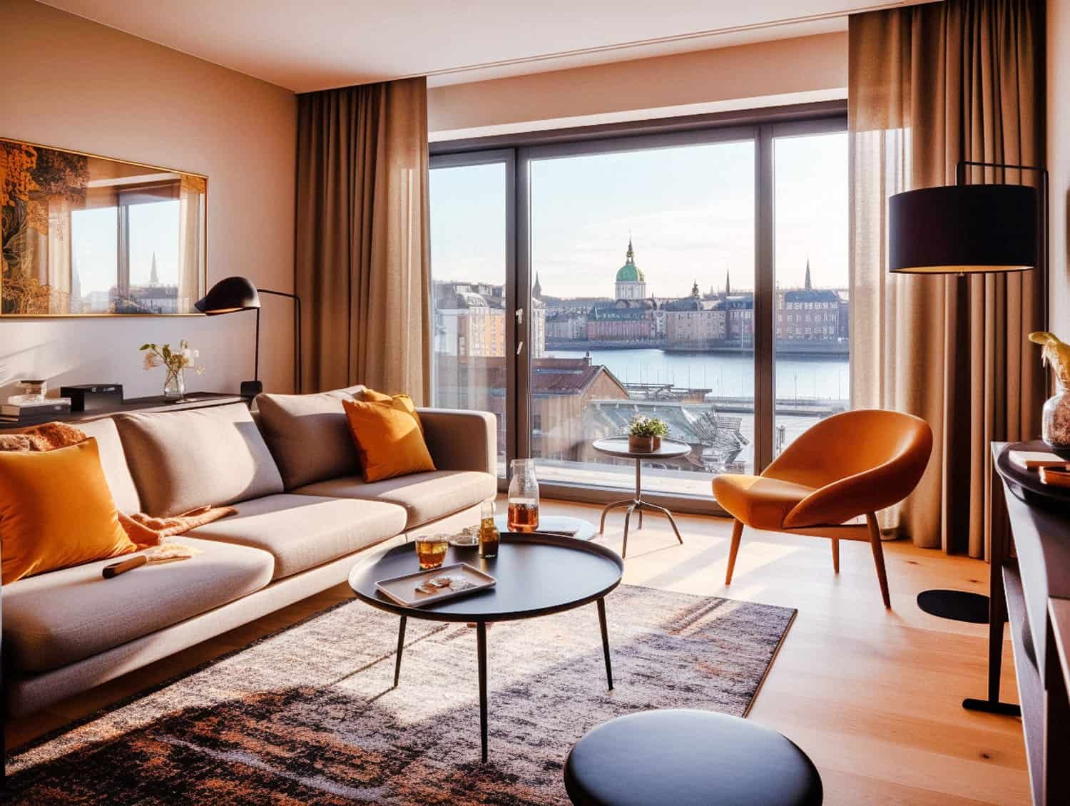 Stockholm Sweden Hotel room interior with beige color scheme and Stockholm views