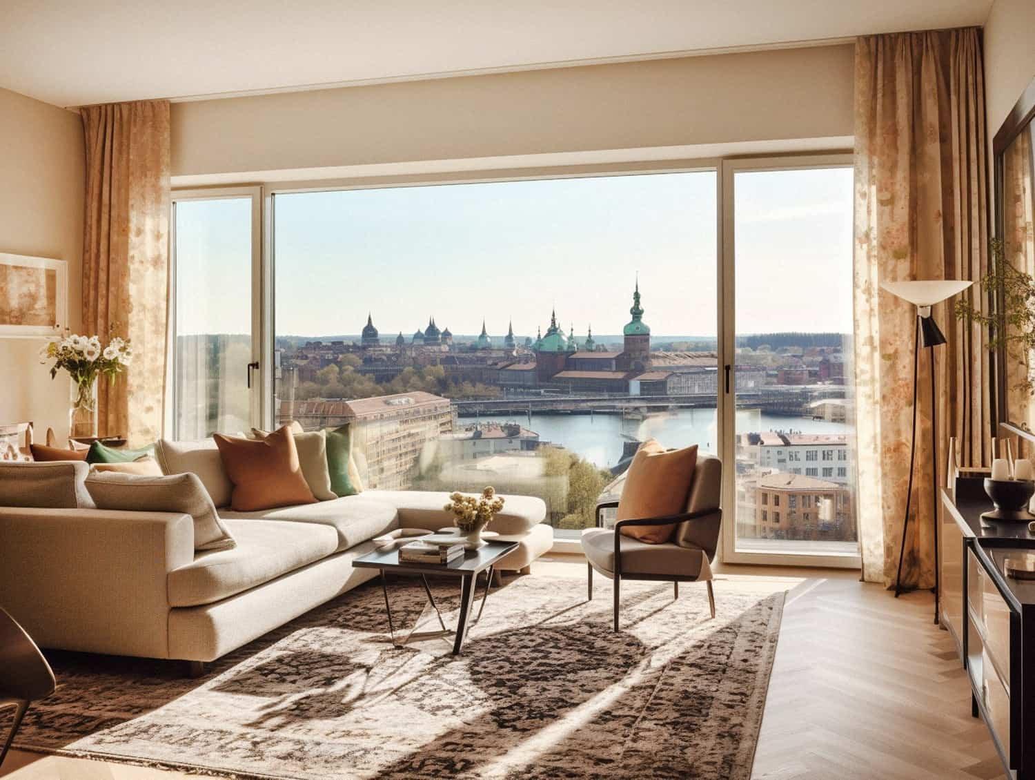 Stockholm Sweden Hotel room interior with beige color scheme and Stockholm views